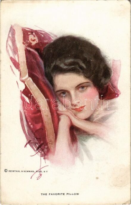 'The Favorite Pillow' Lady art postcard. Reinthal & Newman No. 619. s: Harrison Fisher (EK)