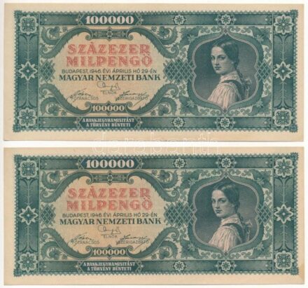 1946. 100.000MP (2x) sorszámkövetők 'B 055 081129 - 055081130' T:I,I- Adamo P30