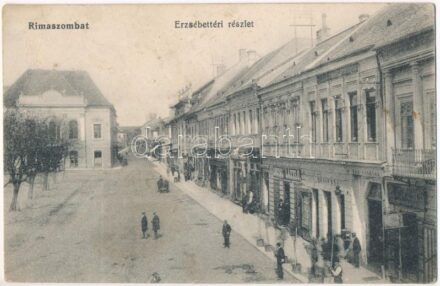 1914 Rimaszombat, Rimavska, Sobota; Erzsébet tér, Angyal László és Blau Vilmos üzlete, Gömör szálloda, kávéház és sörcsarnok / square, shops, hotel, cafe and beer hall (EK)