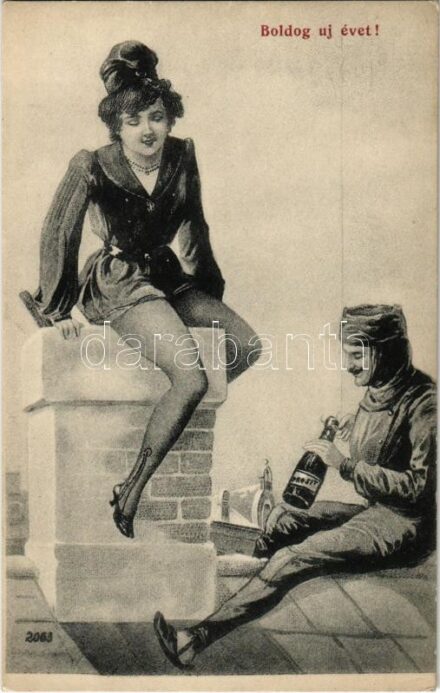 Boldog Újévet! / New Year greeting art postcard, chimney sweeper with lady