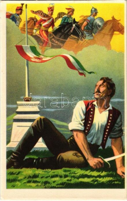 Az ősi erény jogán mindenkor feltámadt újra Magyarország. Kiadja az Ereklyés Országzászló Nagybizottsága / Hungarian irredenta propaganda art postcard, Treaty of Trianon (EK)
