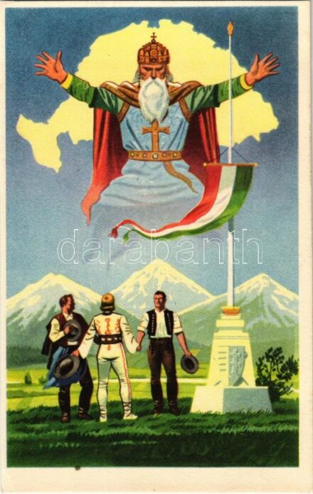 Szent István országa. Nagyság és béke. Kiadja az Ereklyés Országzászló Nagybizottsága / Hungarian irredenta propaganda art postcard, Treaty of Trianon (EK)