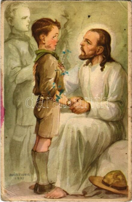1937 A cserkész feltétlenül igazat mond. Cserkész Levelezőlapok Kiadóhivatala / Hungarian boy scout art postcard s: Márton L. (EB)