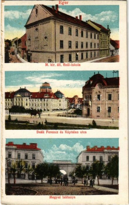 Eger, M. kir. állami reáliskola, Deák Ferenc és Káptalan utca, Megyei laktanya - képeslapfüzetből / from postcard booklet (EK)