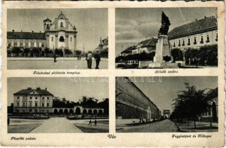 1949 Vác, Felsővámi plébániatemplom, Hősök szobra, emlékmű, Püspöki palota, Fegyintézet és Kőkapu (EB)