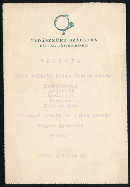 1938 Vadászkürt szálloda menükártya
