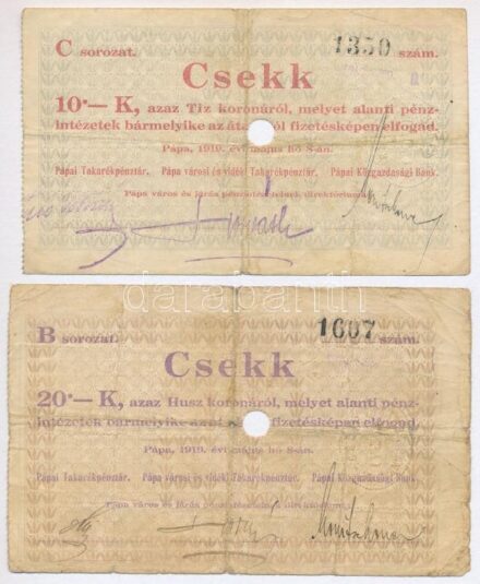 Pápa 1919. május 8. 'Pápai csekk' 10K + 20K, mindkettő lyukasztással érvénytelenítve és ovális szárazbélyegzővel (egyiken a bélyegző a papírt átszakította), B és C sorozat T:III Adamo PÁP-1.1.1, 1.2.1