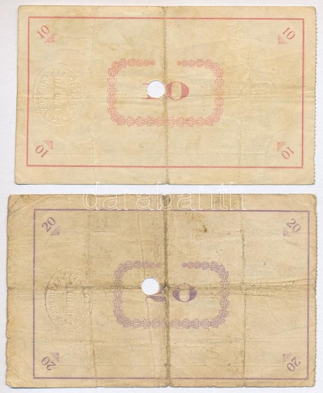 Pápa 1919. május 8. 'Pápai csekk' 10K + 20K, mindkettő lyukasztással érvénytelenítve és ovális szárazbélyegzővel (egyiken a bélyegző a papírt átszakította), B és C sorozat T:III Adamo PÁP-1.1.1, 1.2.1 - Image 2