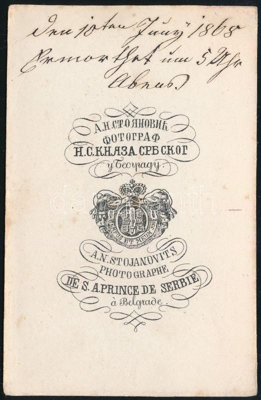 1867 Mihailo Obrenovic (1823-1868) szerb fejedelem nemsokkal meggyilkolása előtt, keményhátú fotó Stojanovits műterméből, szép állapotban, 10×6 cm / Mihailo Obrenović III of Serbia - Image 2
