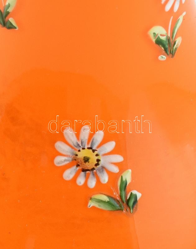 Parádi narancssárga üveg váza, jelzés nélkül, zománc festett virág mintával, kopásnyomokkal, m:17cm - Image 2