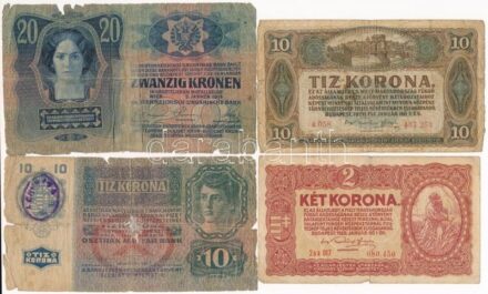 1913-1920. 8 db-os korona bankjegy tétel, közte 1913. 20K és 1920. 2K '2ab006 * 953164' csillagos sorszám T:III-IV közte: anyaghiány, folt, ragasztás, szakadás