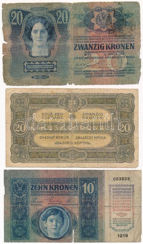 1913-1920. 8 db-os korona bankjegy tétel, közte 1920. 2K '2ab007 * 999967' csillagos sorszám és 1920. 10K 'a012 606.951' T:III,III- közte: anyaghiány, folt, szakadás - Image 2