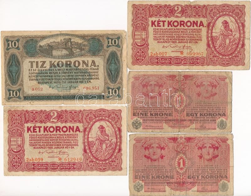 1913-1920. 8 db-os korona bankjegy tétel, közte 1920. 2K '2ab007 * 999967' csillagos sorszám és 1920. 10K 'a012 606.951' T:III,III- közte: anyaghiány, folt, szakadás - Image 3