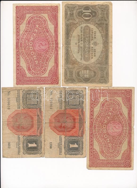1913-1920. 8 db-os korona bankjegy tétel, közte 1920. 2K '2ab007 * 999967' csillagos sorszám és 1920. 10K 'a012 606.951' T:III,III- közte: anyaghiány, folt, szakadás - Image 4