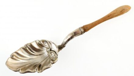 Ezüst (Ag) levélformájú kanál, szaru nyéllel, jelzett, h:17cm, bruttó: 21g