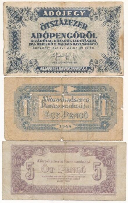 1944. 1P-100P 'Vöröshadsereg' (5xklf) + 1946. 10.000AP + 500.000AP T:III,III- közte: anyaghiány, szakadás, folt