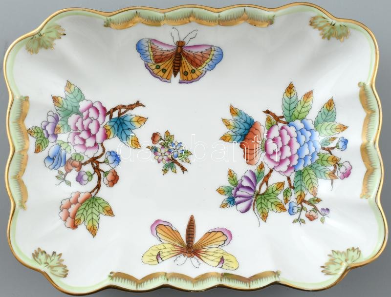 Herendi Viktória mintás porcelán tálka. Kézzel festett, jelzett, kopott 18x14 cm - Image 4