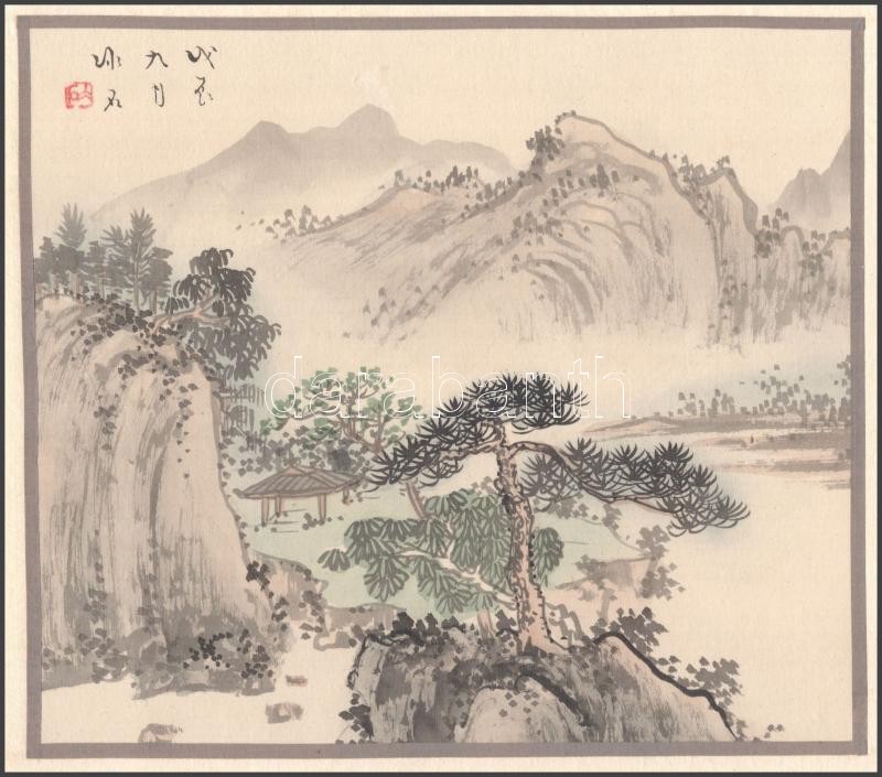 Olvashatatlan jelzéssel, feltehetően Bing Shi kínai alkotó munkája: Táj. Fametszet, papír, jelzett a fametszeten. 19x21,5 cm - Image 2