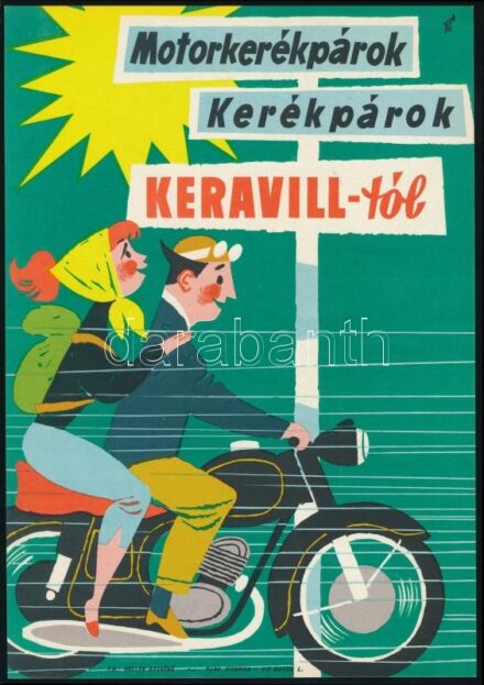 'Motorkerékpárok a Keravill-tól' villamosplakát, 23,5×16,5 cm