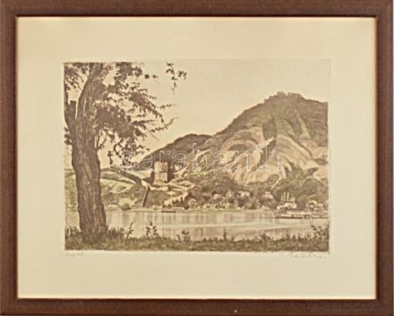 Zádor István (1882-1963): Visegrád. Színezett rézkarc, papír, jelzett. Üvegezett keretben. 25×34,5 cm