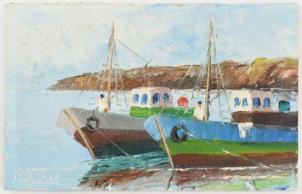 Olvashatatlan jelzéssel: Hajók. Olaj, farost. 16x25 cm