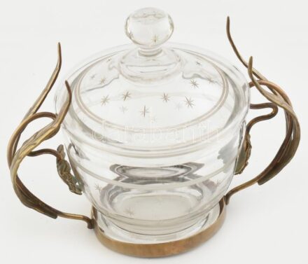 Szecessziós bonbonier, üveg, fém rátéttel, jelzés nélkül, kopott, m:17cm