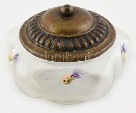 Szecessziós cukortartó, zománcfestett üveg, alpakka fedéllel, kopott, apró lepattanásokkal m:8cm