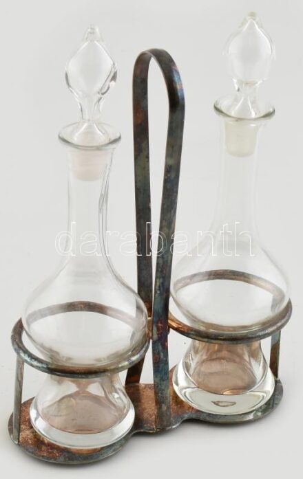 Art Deco olaj - ecet tartó, alpakka, üveg, kopott, jelzés nélkül, m:23cm