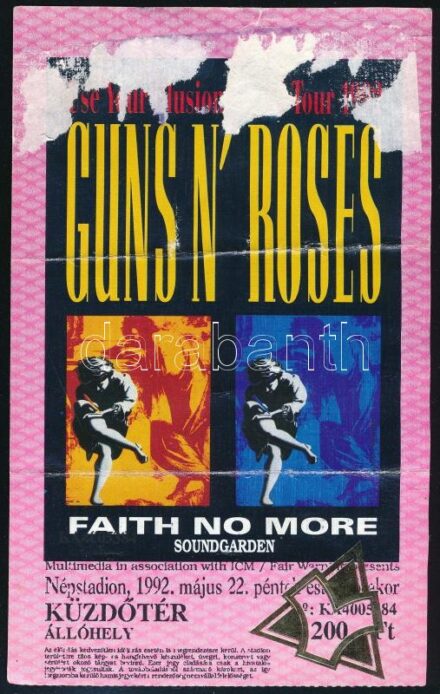 1992 Guns N' Roses koncertjegy, Bp., Népstadion, hajtásnyomokkal, kissé sérült