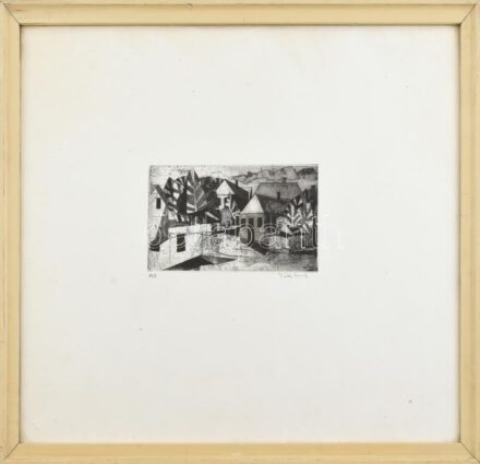 Tóth Imre (1929-2004): Utca. Rézkarc, papír. Jelzett. Számozott (50/2). Üvegezett fakeretben. 9,5x18,5 cm