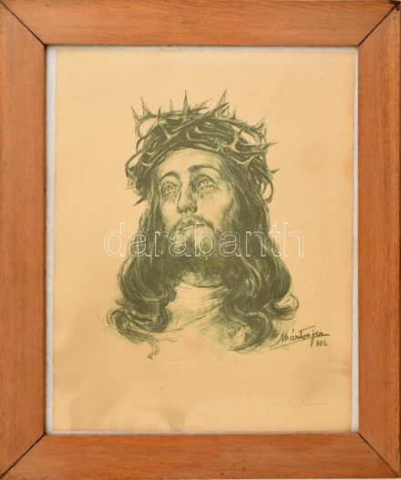 Márton Ferenc (1884-1940) Jézus. Litográfia, papír, jelzett. Üvegezett, sérült fakeretben, 49×39 cm