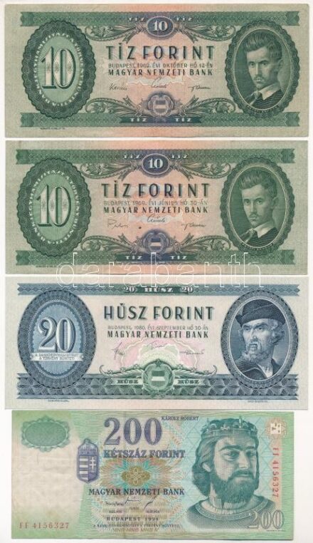 1962. 10Ft + 1969. 10Ft + 1980. 20Ft + 1998. 200Ft T:II-,III közte: szép papír, az egyiken kis lyuk, folt