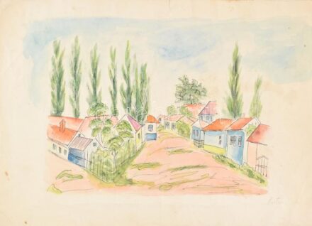 Martin jelzéssel: Utcarészlet. Akvarell, tus, papír, lap széle sérült, kissé foltos 30,5×43 cm