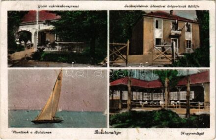 Balatonaliga (Balatonvilágos), Yacht cukrászda espresso, vitorlások, nagyvendéglő, Székesfehérvár közművei dolgozóinak üdülője (EB)