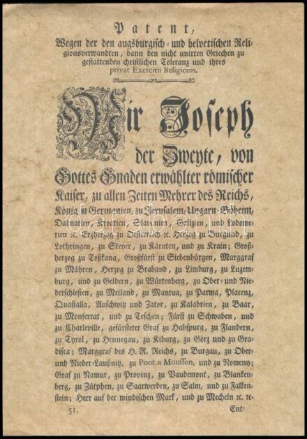 II. József (1741-1790) német-római császár, magyar király türelmi rendeletének modern hasonmása, 29,5x21 cm