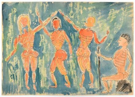 Olvashatatlan (König?) jelzéssel: Táncosok, 1954. Akvarell, tus, papír, lapszéli apró szakadásokkal. 30,5×43 cm