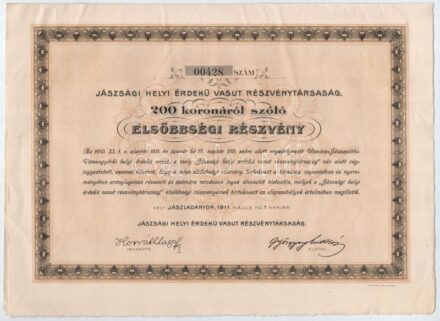 Jászladány 1911. 'Jászsági Helyi Érdekű Vasút Részvénytársaság' elsőbbségi részvénye 200K-ról (3x) T:II-III