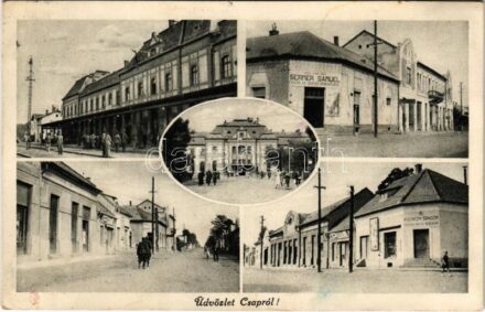 Csap, Cop, Chop; vasútállomás, Kazinczy Sándor és Sermer Sámuel üzlete, utca, magyar katonák / railway station, shops, street view, Hungarian soldiers (Rb)