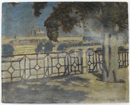RR jelzéssel: Vízparti város (Prága?). Olaj, papír, kartonra kasírozva, lapszéli sérüléssel, 31,5×39,5 cm