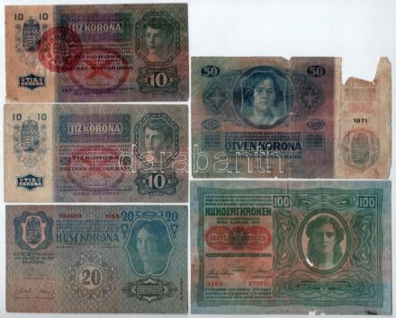 1913. 20K II. kiadás piros 'Deutschösterreich' felülbélyegzéssel + 1914. 50K + 1915. 10K (2xklf) + Ausztria 1912. 100K, vízszintes 'Deutschösterreich' felülbélyegzéssel, mindkét oldal német T:III,III- közte: szakadások, folt,