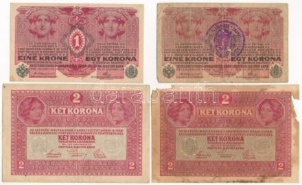 1916. 1K (2xklf) az egyik felülbélyegzéssel + 1917. 2K (2xklf) az egyik bankjegy 'Deutschösterreich' felülbélyegzéssel T:III,III- folt, szakadások, anyaghiány