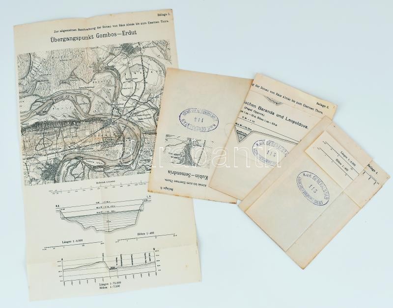Duna-hajózhatósági térképek 4. 5. 6. 8. (pl. Duna-Szekcső, Gombos-Erdut, stb.), 4 db, jó állapotban