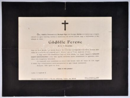 1930 Gödölle Ferenc D.G.T. főkapitány gyászjelentése, postán futott, hajtás mentés kis szakadással, 22x30cm