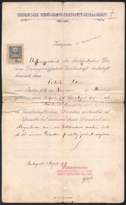 1907 Bp., Süddeutsche Donau-Dampschiffahrts-Gesellschaft által Vidák IStván gépmester számára kiállított bizonyítvány