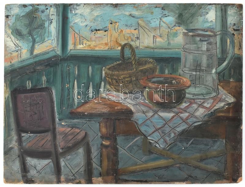 Jelzés nélkül: Enteriőr. Olaj, fa. Kissé sérült. 27×35 cm