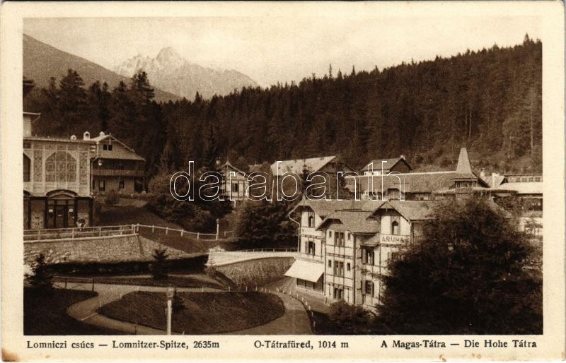 Ótátrafüred, Ó-Tátrafüred, Alt-Schmecks, Stary Smokovec (Magas-Tátra, Vysoké Tatry); Lomnici-csúcs, áruház. Kertész Tódor kiadása / Lomnitzer-Spitze / Lomnicky stít / mountain peak, store