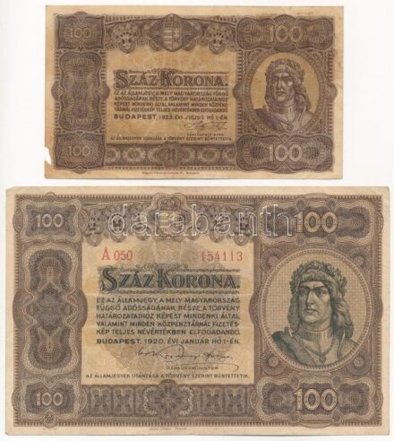 1920. 100K 'A 050 154113' 'Orell Füssli Zürich' nyomdahely jelöléssel + 1923. 100K 'Magyar Pénzjegynyomda Rt. Budapest' nyomdahely jelöléssel T:II-,III az egyik szép papír, a másik hajtatlan, több szamárfüllel, anyaghiánnyal,