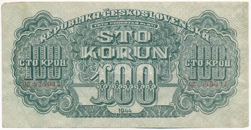 Csehszlovákia 1944. 100K T:III Czechoslovakia 1944. 100 Korun C:F Krause P#48