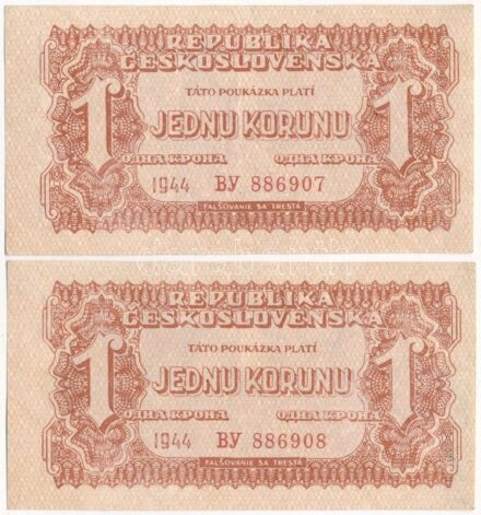 Csehszlovákia 1944. 1K (2x, sorszámkövető) T:II Czechoslovakia 1944. 1 Koruna (2x, consecutive serials) C:XF Krause P#45