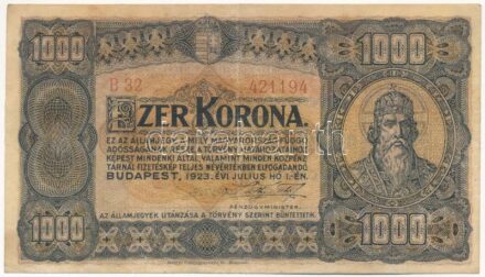 1923. 1000K 'B 32 421194' 'Magyar Pénzjegynyomda Rt. Budapest' nyomdahely jelöléssel T:III kis szakadás Adamo K37